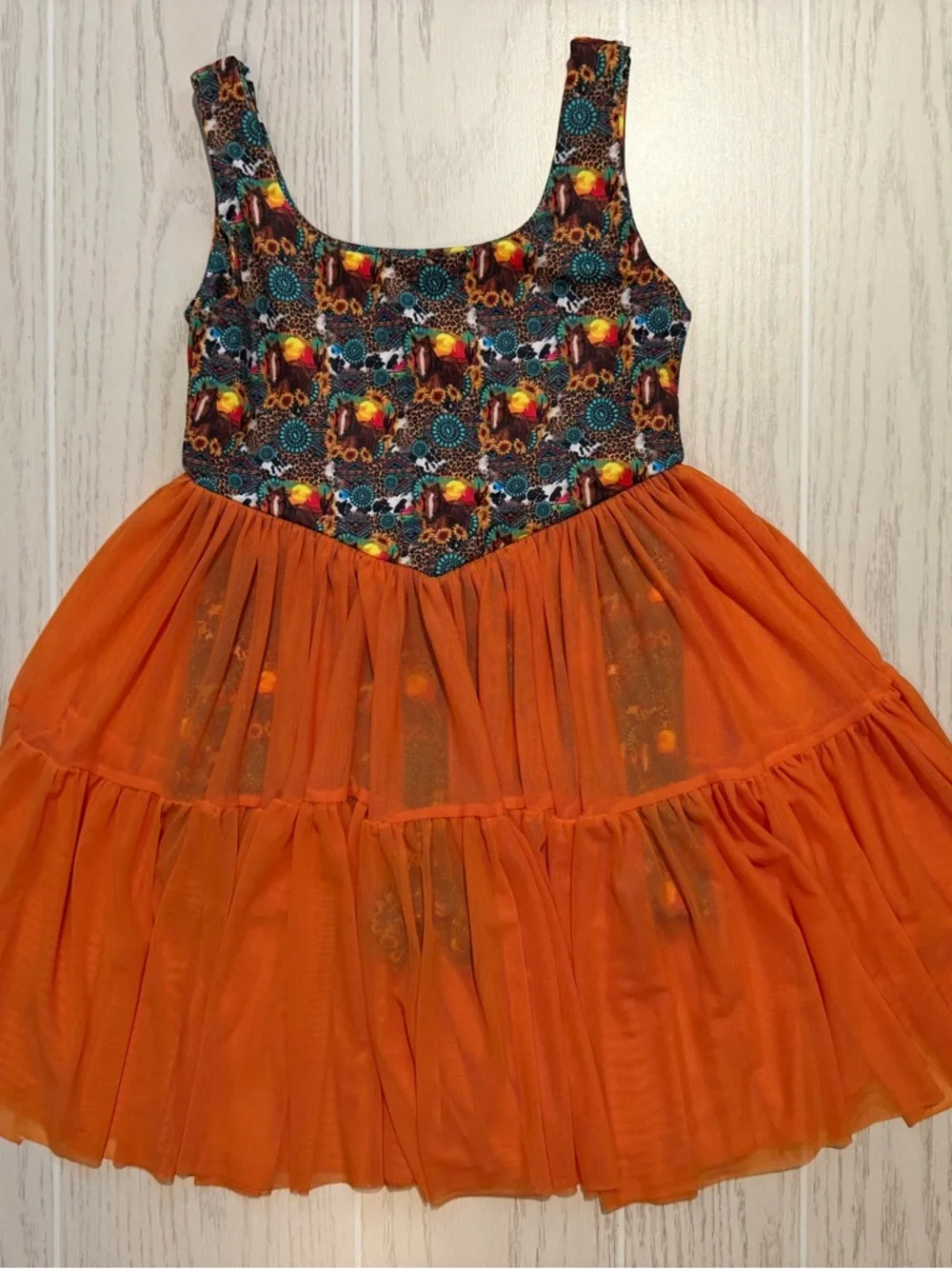 Boutique‎ Girls 6-7T Western Horse Sunflower Mesh Dress Built In Shorts NWOT